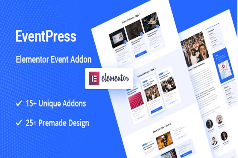 Puede incluir: Captura de pantalla del sitio web EventPress Elementor Event Addon que muestra un fondo azul con texto blanco y un cuadro blanco con el logotipo de Elementor. El sitio web presenta una variedad de im&aacute;genes y texto relacionados con eventos, que incluyen una multitud de personas en un concierto, un escenario con un micr&oacute;fono y un mapa con un pin de ubicaci&oacute;n.