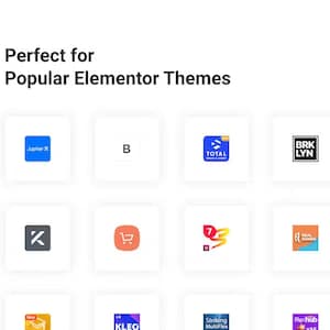 May include: A grid of logos for popular Elementor themes, including Jupiter X, Total, BRKLYN, KLEO, Striking MultiFlex, and Re:hub.