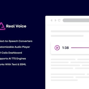 Peut inclure: Une capture d'écran d'un site Web avec le texte "Real Voice" et une liste de fonctionnalités : 5 convertisseurs de texte en parole, lecteur audio personnalisable, tableau de bord des appels d'API, prend en charge les moteurs AI TTS, fonctionne avec du texte et du SSML. Un bouton de lecture violet et une barre de progression sont visibles.