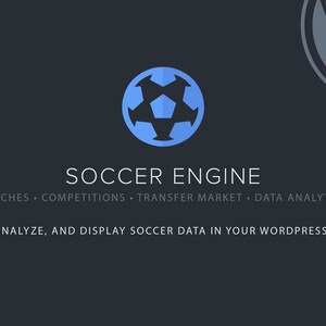 Könnte beinhalten: Ein blaues Fussball-Symbol mit einem weissen Stern in der Mitte, vor einem dunkelgrauen Hintergrund. Der Text "SOCCER ENGINE" ist in weiss, mit dem Slogan "MATCHES · COMPETITIONS · TRANSFER MARKET · DATA ANALYTICS" darunter. Der Text "STORE, ANALYZE, AND DISPLAY SOCCER DATA IN YOUR WORDPRESS WEBSITE" befindet sich unten.