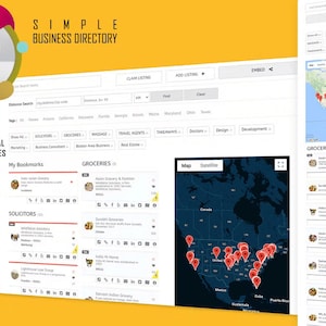 以下が含まれることがあります： ビジネスディレクトリサービスのウェブサイトのスクリーンショットです。ウェブサイトには、米国の地図が表示され、赤いマーカーでビジネスの場所が示されています。ウェブサイトには、検索バー、フィルター、業界別に分類されたビジネスのリストも含まれています。ページの上部には「SIMPLE BUSINESS DIRECTORY」というテキストが表示されています。