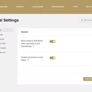 May include: A screenshot of a website settings page with the heading "Global Settings". The page has a list of settings options, including "Shortcode", "Appearance", "Sort and Filter", "Events Search", and "Single Events". There are two toggle switches for "Move events to draft status when event date is past automatically" and "Disable comments on event pages". A button labelled "Save Settings" is at the bottom of the page.