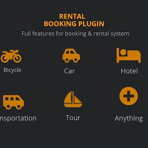 May include: An illustration of different types of rentals available with a booking plugin. The icons include a bicycle, car, hotel, van, sailboat, and a plus sign representing anything else.