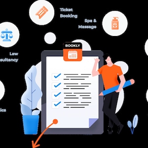 Könnte beinhalten: Ein digitales Tablet mit einer Checkliste auf dem Bildschirm, eine Person, die einen Bleistift hält, und verschiedene Symbole, die verschiedene Dienstleistungen repräsentieren, darunter Rechtsberatung, Privatkliniken, Ticketbuchung, Spa und Massage, Schönheit und Autoreparatur. Die Symbole befinden sich in Kreisen mit weißem Hintergrund und blauen Umrissen. Das Tablet hat einen blauen und orangen Rand und den Text "BOOKLY" in Orange auf weißem Hintergrund.