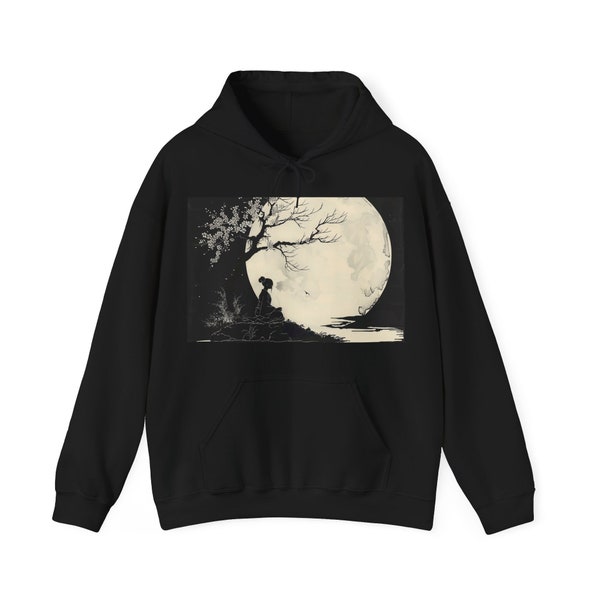 Moonlit Meditation Hoodie - Unisex Heavy Blend with Full Moon and Cherry Blossoms Illustration, Cozy Cotton and Polyester Hooded Sweatshirt