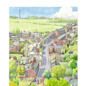 Stampa A3 del villaggio di Brinscall, Lancashire su carta per acquerello. Dipinto ad acquerello dettagliato e colorato di un villaggio rurale del Lancashire.