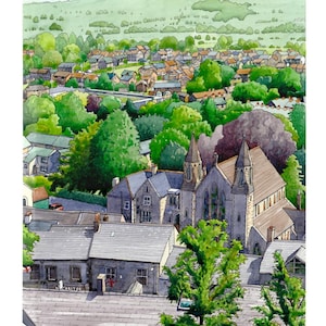 A3 print of Clitheroe and Pendle Hill, on watercolour paper. Detailed and colourful watercolour painting of a rural Lancashire town.