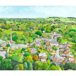 A3 print of Withnell Fold in Chorley, on watercolour paper. Detailed and colourful watercolour painting of a rural Lancashire village.