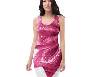 Puede incluir: Un vestido sin mangas rosa y blanco con un diseño de cinta rosa brillante.