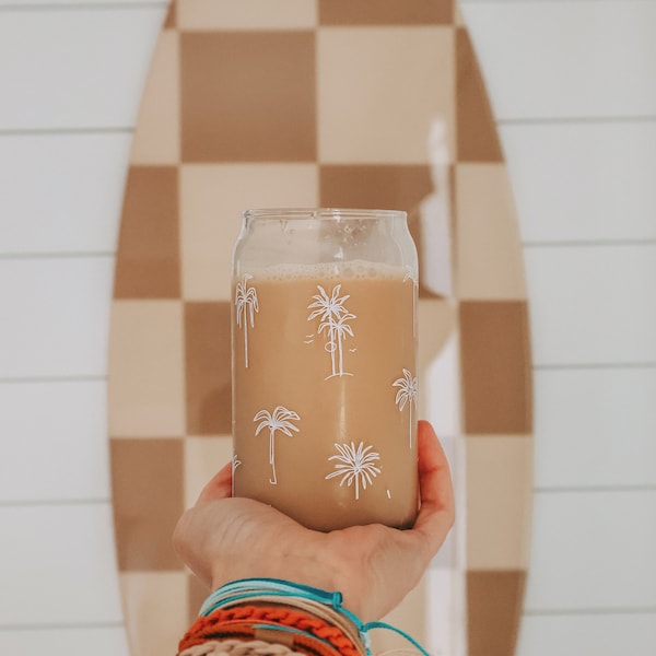 Palm Tree Surf Shack Reusable Glass Jar with Bamboo Lid Glass Straw