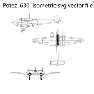 May include: A black and white line drawing of a Potez 630 aircraft in three different views: side, top, and front. The aircraft is a French twin-engine bomber from the 1930s.