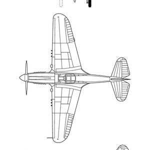Könnte beinhalten: Eine Schwarzweiß-Linienzeichnung eines Curtiss P-40E Flugzeugs in drei Ansichten: von oben, von der Seite und von vorne. Das Flugzeug ist ein einmotoriges Jagdflugzeug mit einer markanten haifischähnlichen Nase.