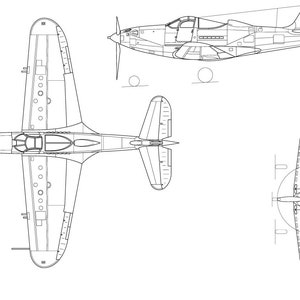 May include: A black and white line drawing of a vintage aircraft, showing the plane from three different angles: top, side, and front. The aircraft has a single propeller and a rounded fuselage.