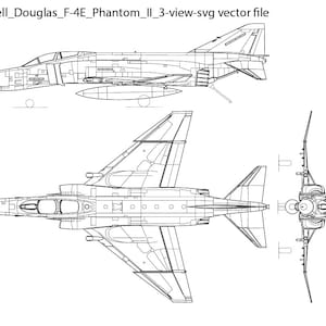 May include: A black and white line drawing of a McDonnell Douglas F-4E Phantom II fighter jet in three views: side, top, and front. The drawing shows the aircraft's distinctive twin-engine design, swept wings, and vertical stabilizers.