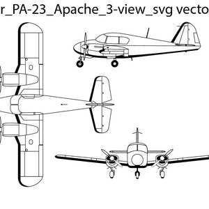 Peut inclure: Un dessin en noir et blanc d'un avion Piper PA-23 Apache en trois vues : vue de dessus, vue de côté et vue de face. Le dessin montre la forme de base de l'avion et ses caractéristiques, notamment les ailes, la queue et le moteur.