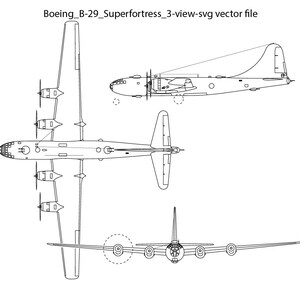 May include: A black and white line drawing of a Boeing B-29 Superfortress aircraft. The drawing shows the aircraft from three different views: top, side, and front. The aircraft is a four-engine bomber with a long, slender fuselage and a high-mounted wing.