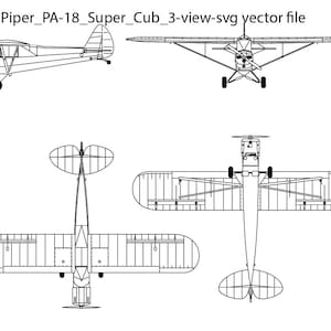 Piper PA 18 Super Cub 3 Ansicht svg vektor datei, schwarz weiß, Helikopter, Jet, Linie Kunst, Cricut, Kämpfer, Gravur, Umriss, Laserschnitt