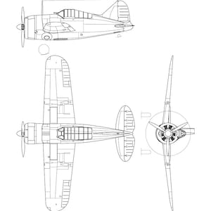 May include: A line drawing of a Brewster F2A-1 Buffalo fighter plane in three views: side, top, and front. The drawing shows the plane's distinctive shape, including its rounded fuselage, single-seat cockpit, and fixed landing gear.