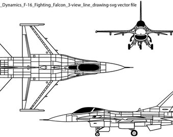 Puede incluir: Un dibujo en blanco y negro de un avión de combate General Dynamics F-16 Fighting Falcon. La imagen muestra tres vistas del avión: superior, frontal y lateral.