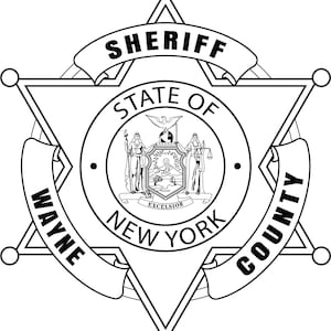 May include: Black and white illustration of a sheriff's badge with a five-pointed star and the text "SHERIFF STATE OF NEW YORK COUNTY WAYNE" in a banner around the star.