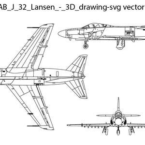 SAAB J 32 Lansen 3D-tekening svg-vectorbestand, zwart wit, helikopter, jet, zeer fijne tekeningen, cricut, jager, gravure, omtrek, lasercut