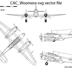 Könnte beinhalten: Schwarz-Weiß-Strichzeichnung eines CAC Woomera CA-4 Flugzeugs, dargestellt in verschiedenen Ansichten. Das Bild zeigt obere, vordere und seitliche Profile sowie eine Draufsicht. Das Flugzeug hat zwei Propeller und detaillierte Flügelstrukturen. Der Text oben lautet "CAC_Woomera-svg vector file".