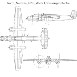 North American B 25J Mitchell 3 view svg vector file, black white, helicopter, jet, line art, cricut, fighter, engraving, outline, laser cut