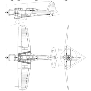 May include: A black and white line drawing of a Vought SB2U-1 Vindicator aircraft. The drawing shows the aircraft from three different angles: side, top, and rear. The aircraft has a single engine, a fixed landing gear, and a two-person crew.
