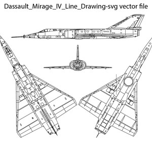 May include: A line drawing of a Dassault Mirage IV jet aircraft. The drawing shows the aircraft from three different angles: top, side, and bottom. The drawing is in black and white.