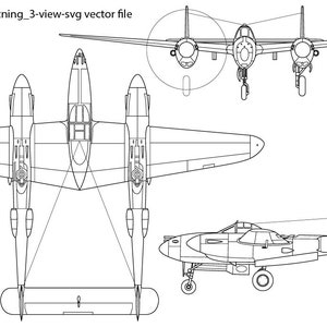 Może przedstawiać: Liniowy rysunek samolotu Lockheed P-38 Lightning w trzech widokach: z góry, z przodu i z boku. Samolot jest dwusilnikowym myśliwcem o charakterystycznym dwupłatowym układzie.