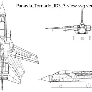 Puede incluir: Un dibujo en blanco y negro de un avión Panavia Tornado IDS en tres vistas: superior, frontal y lateral. El dibujo muestra la forma general del avión y sus características, incluyendo las alas, la cola y las tomas de aire del motor.
