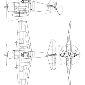 May include: A line drawing of a Grumman F6F Hellcat fighter plane in three views: top, side, and front. The drawing shows the plane's distinctive shape, including its large wings, single-seat cockpit, and powerful engine.