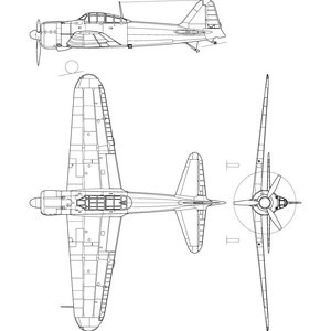 May include: A line drawing of a Mitsubishi A6M Zero fighter plane in three views: side, top, and front. The drawing shows the plane's distinctive shape, including its long wings, rounded fuselage, and single-engine design.