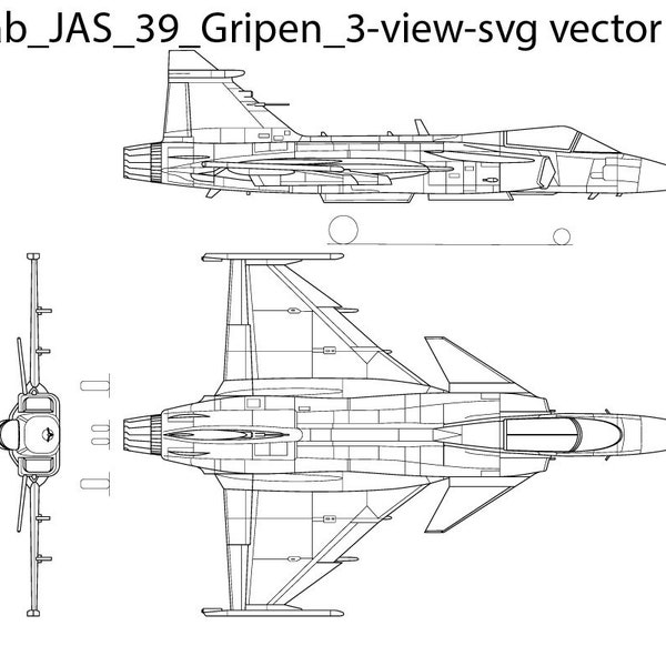 Saab JAS 39 Gripen 3 view svg vector file, black white, helicopter, jet, line art, cricut, fighter, engraving, outline, laser cut