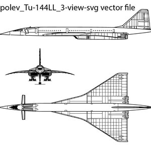 Pode incluir: Um desenho de linha preto e branco de um avião supersônico Tupolev Tu-144LL. O desenho mostra a aeronave de três ângulos diferentes: topo, frente e lado.