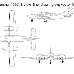 May include: A line drawing of a Cessna 402C airplane in three views: side, top, and front. The drawing shows the plane's basic shape and features, including the wings, tail, and engines.