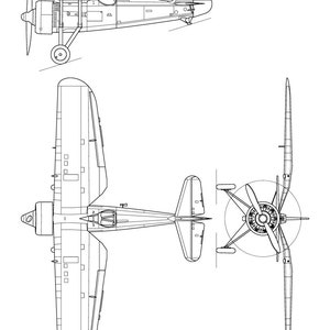 May include: A black and white line drawing of a PZL P.11c aircraft. The drawing shows the aircraft from three different angles: top, side, and bottom. The aircraft has a single engine and a fixed landing gear.