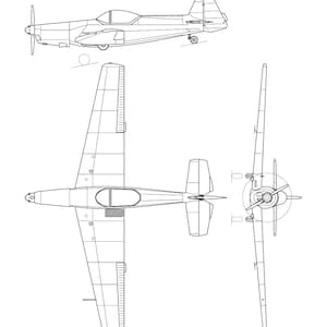 Peut inclure: Un dessin en ligne à trois vues de l'avion Zlin Z-526. Le dessin montre l'avion de profil, de dessus et de face.