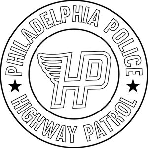 May include: Black and white illustration of a circle with the text "PHILADELPHIA POLICE HIGHWAY PATROL" around the outside. Inside the circle is a stylized "HP" with wings.
