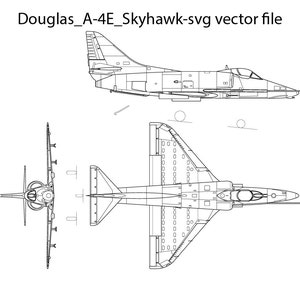 May include: A black and white line drawing of a Douglas A-4E Skyhawk jet fighter aircraft. The drawing shows the aircraft from three different angles: side view, top view, and bottom view.