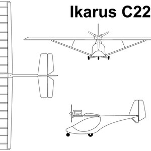May include: A black and white line drawing of an Ikarus C22 aircraft. The drawing shows the aircraft from three different angles: front, side, and top. The aircraft has a single engine and a fixed wing.