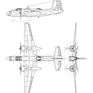 May include: A line drawing of a Douglas A-20 Havoc aircraft, a twin-engine bomber used during World War II. The drawing shows the aircraft from three different angles: side, top, and rear.