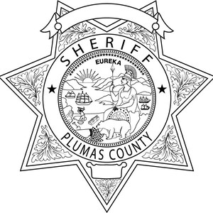 May include: Black and white illustration of a sheriff's badge with a six-pointed star. The badge features the words "Sheriff" and "Plumas County" around a central circle with the words "Eureka" and a depiction of a woman holding a spear.