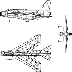 May include: A black and white line drawing of a fighter jet viewed from three angles: side, top, and front. The jet has a swept wing design and a single-seat cockpit.