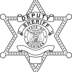 Może przedstawiać: Czarno-biała ilustracja odznaki szeryfa z sześcioramienną gwiazdą, słowami "DEPUTY SHERIFF" i pieczęcią stanu Michigan.