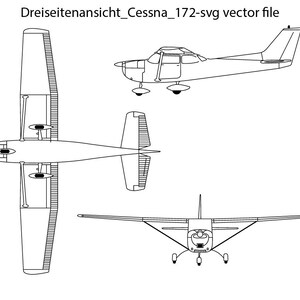 May include: A line drawing of a Cessna 172 airplane from three different angles: front, side, and top. The drawing is in black and white.