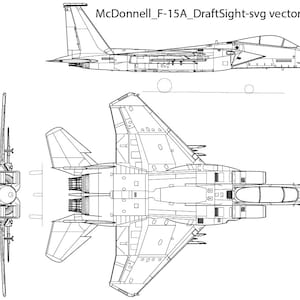 May include: A black and white line drawing of a McDonnell Douglas F-15A Eagle fighter jet. The drawing shows the aircraft from the side, top, and bottom views.