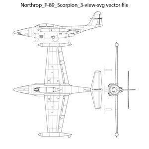 Puede incluir: Un dibujo de línea de un avión de combate Northrop F-89 Scorpion en tres vistas. La vista superior muestra el avión desde arriba, la vista lateral muestra el avión desde el lateral y la vista frontal muestra el avión desde el frente.