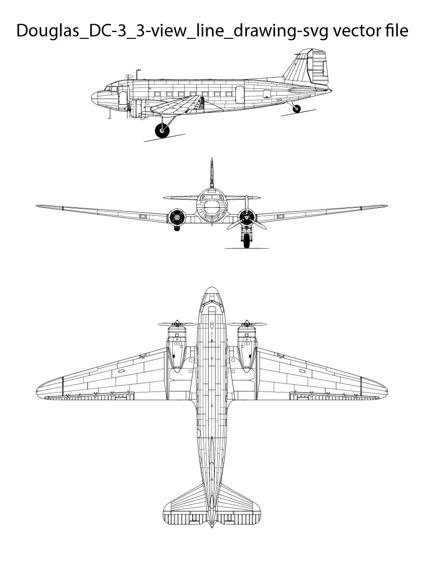Douglas DC 3 3 View Line Drawing Svg Vector File, Black White