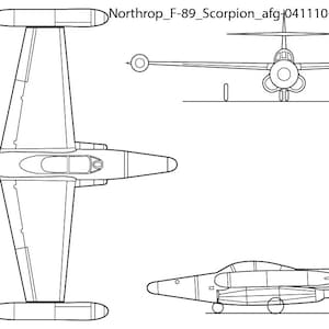 Puede incluir: Un dibujo de línea de un avión de combate a reacción Northrop F-89 Scorpion. El dibujo muestra el avión desde tres ángulos diferentes: arriba, delante y de lado. El avión es un caza a reacción bimotor monoplaza que fue diseñado y construido por Northrop en la década de 1950.